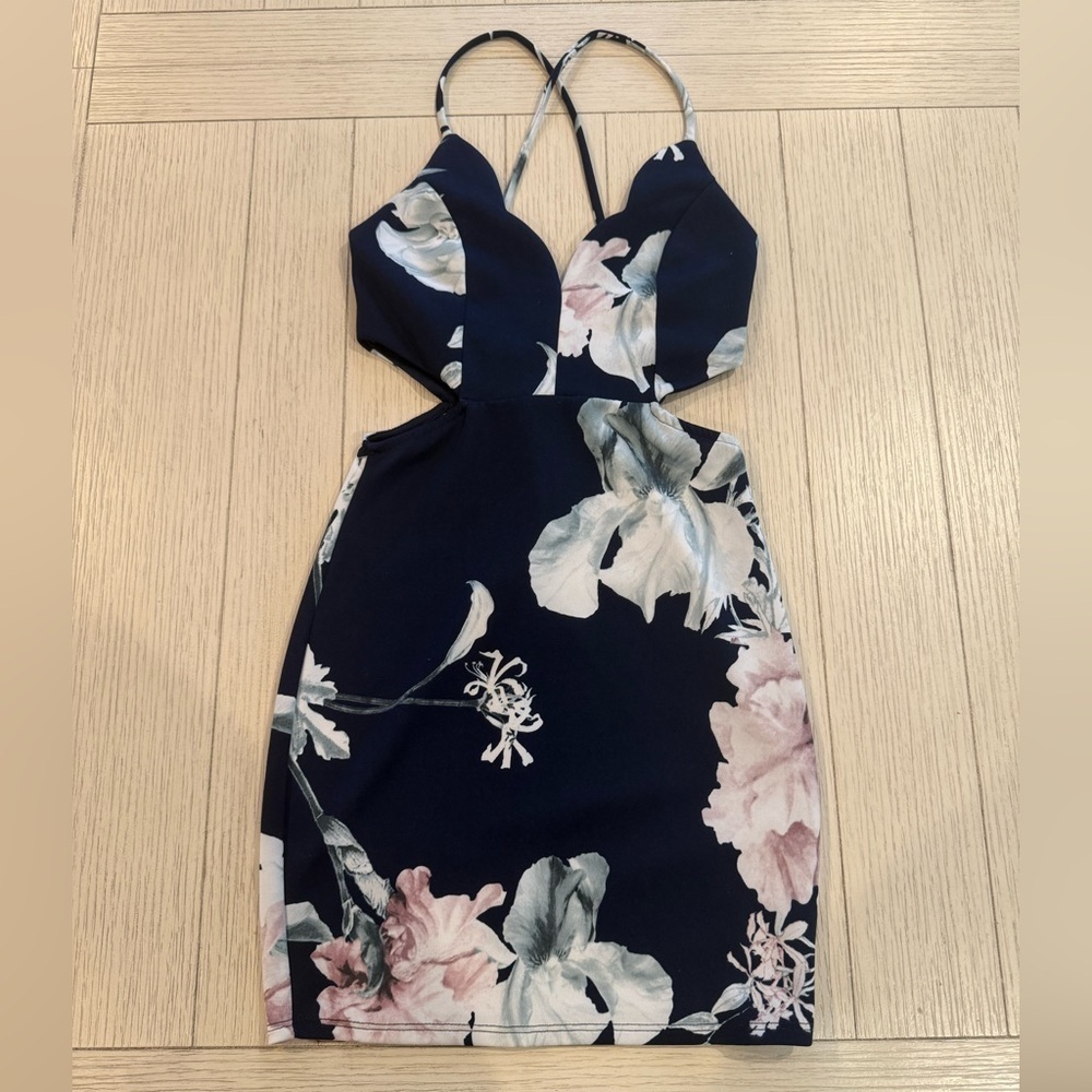 Navy Blue Floral Print Women's Dress Size Small